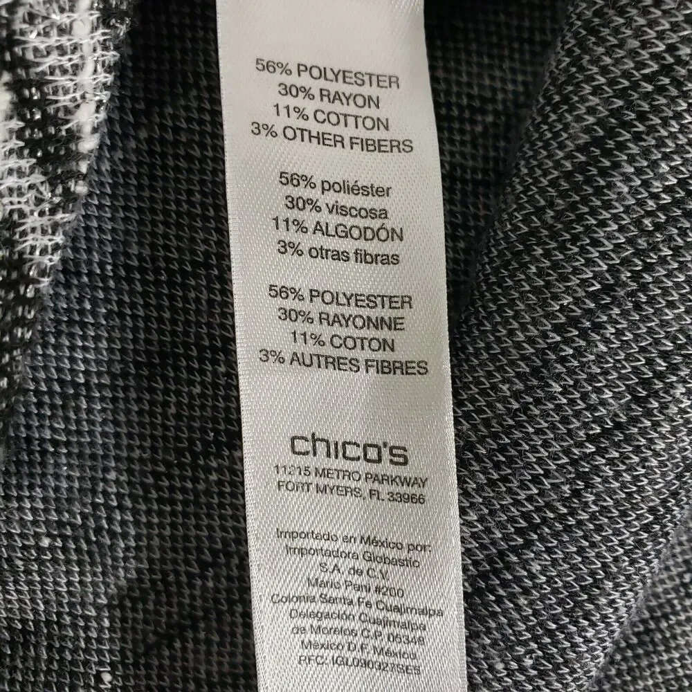 Chico's Womens Top Size 1 Medium 8 Black Gray Textured 3/4 Sleeve Metallic Round